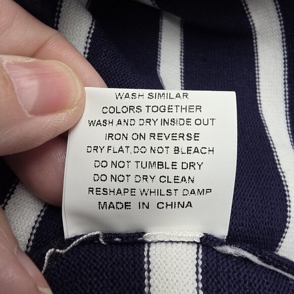 BENANCY Sweater Womens Medium Navy White Striped Crewneck Gold Button Shoulders - Picture 9 of 11